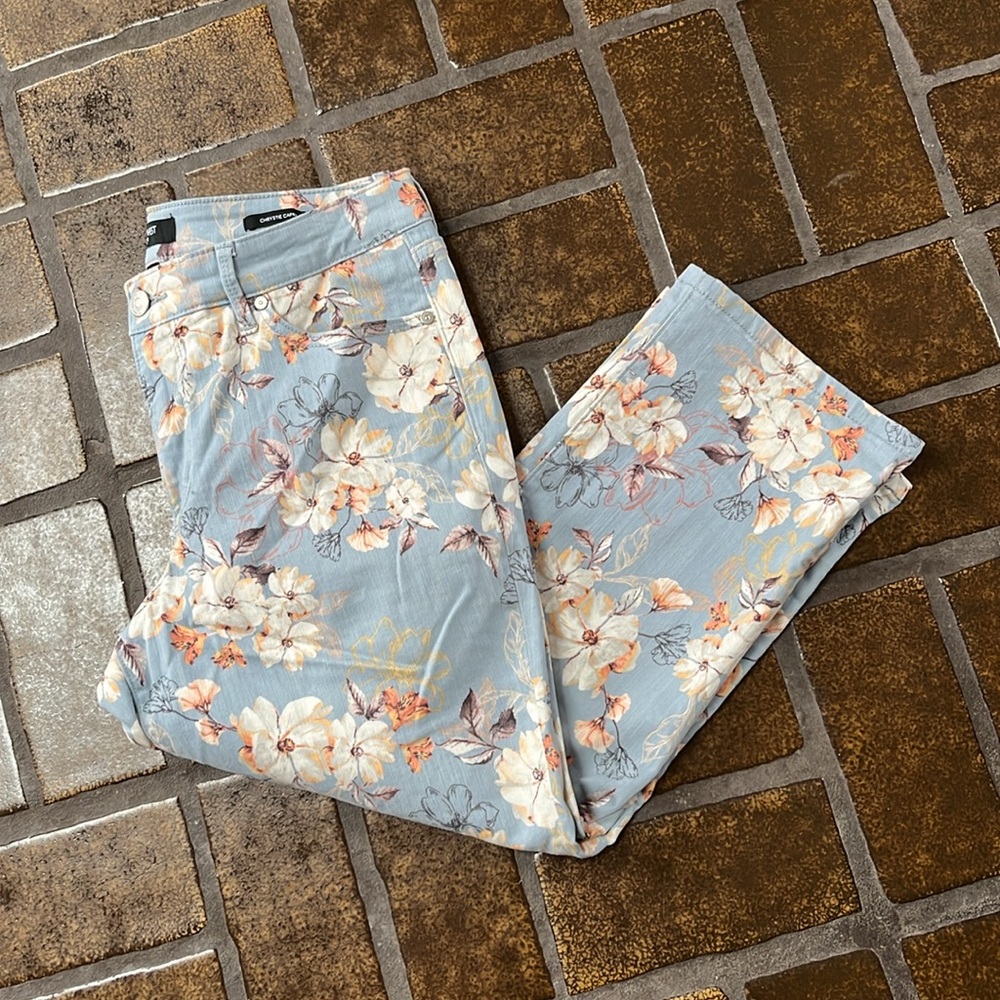 Nine West Blue Floral Print Chrystie Denim Capri Jean